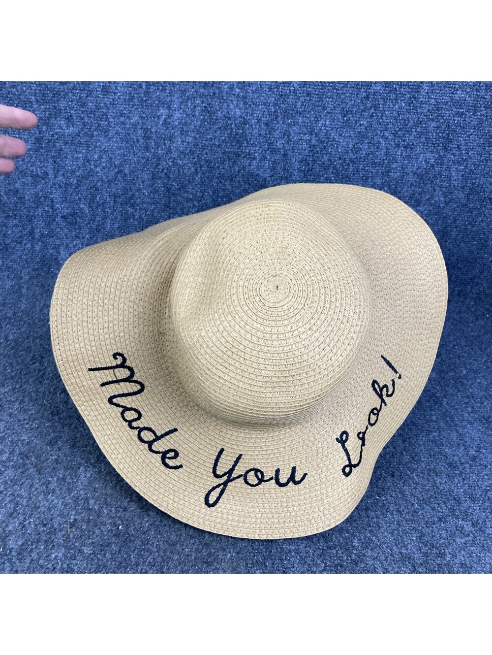 “Made You Look” Size Medium/Large Beige Tan Embroidered Straw Large Brim Sun Hat
